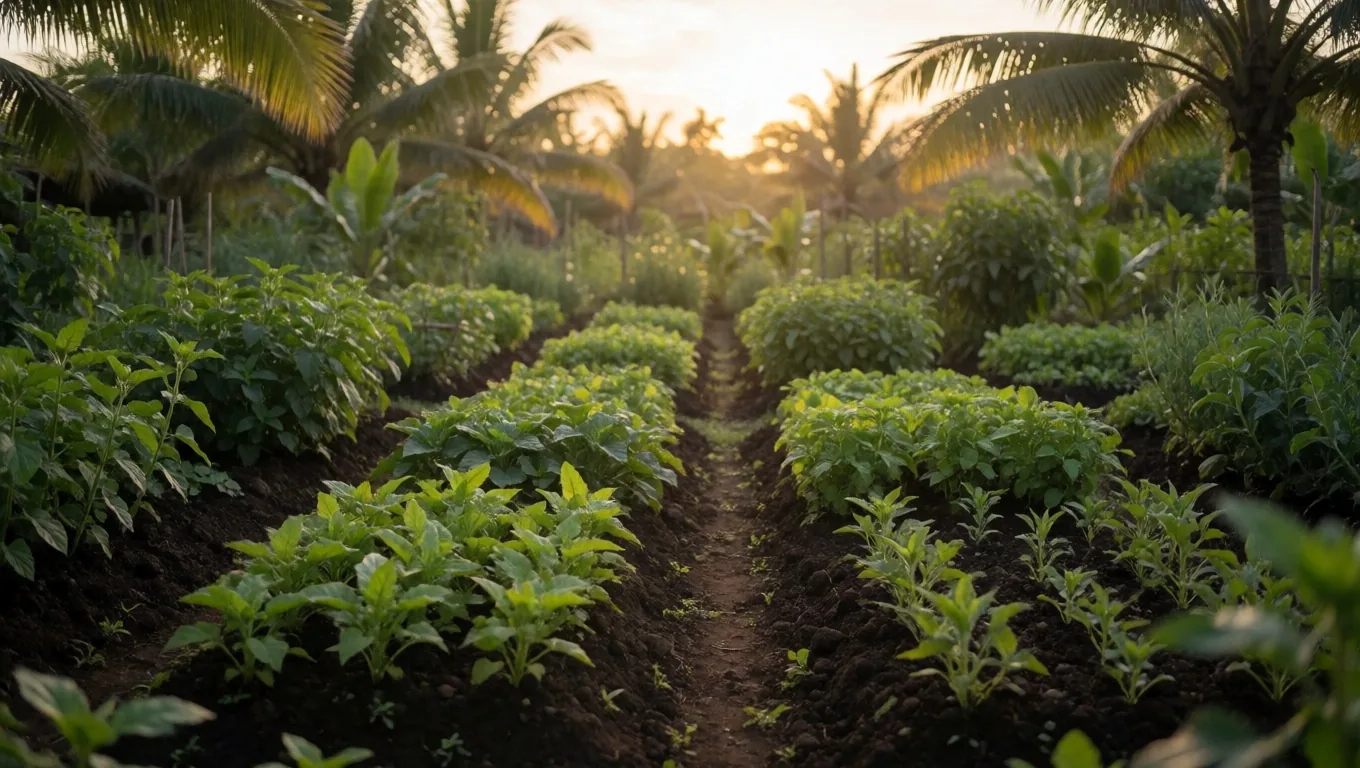 Indonesian herb garden landscape at golden hour