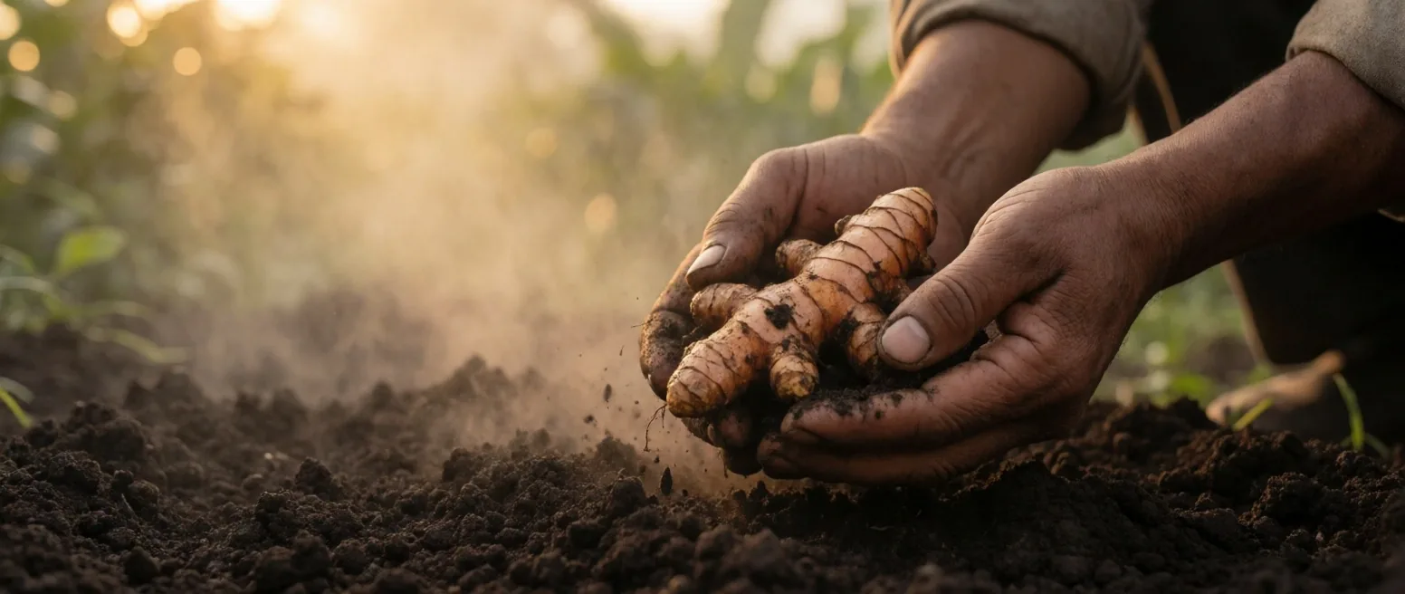 Hands holding a dried turmeric root over dark garden soil