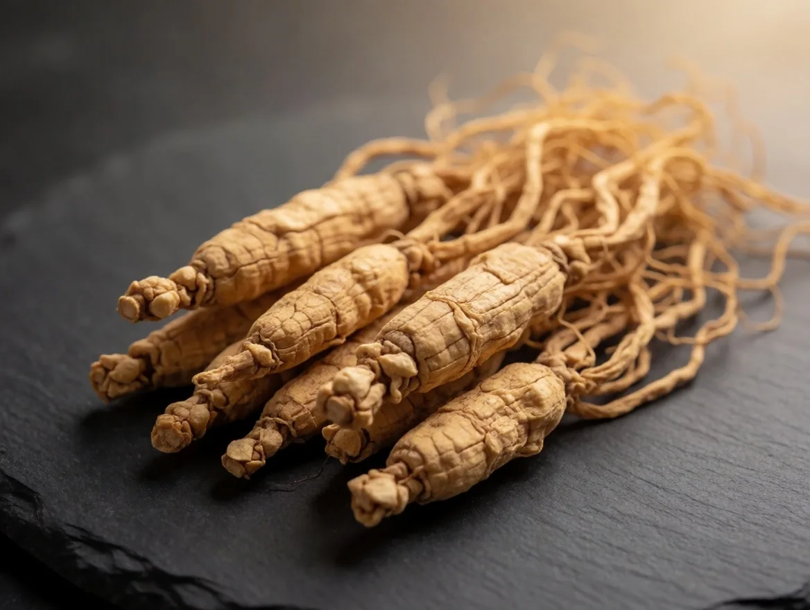 Panax ginseng root specimen on dark paper