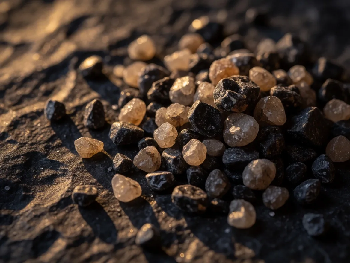 Raw mineral salts photographed on dark paper