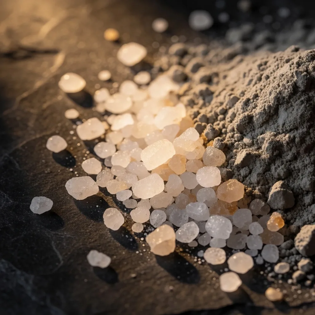 Sea salt crystals and mineral clay on dark paper
