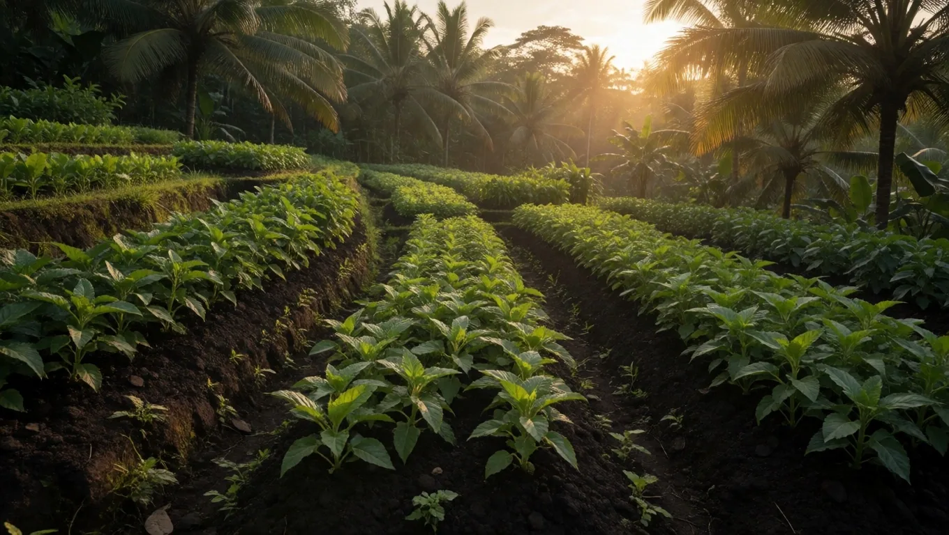 Tropical herb garden at golden hour with medicinal plants in warm amber light