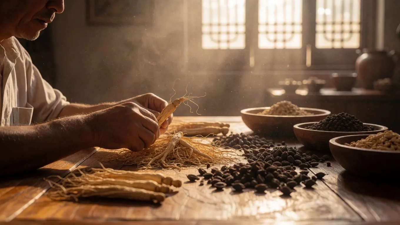 Hands sorting dried herbs on a workbench
