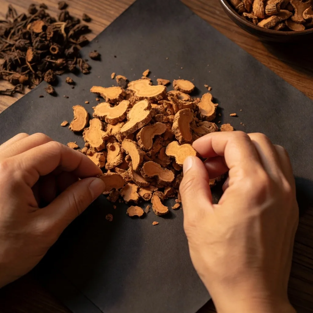 Hands sorting dried herbs on dark paper