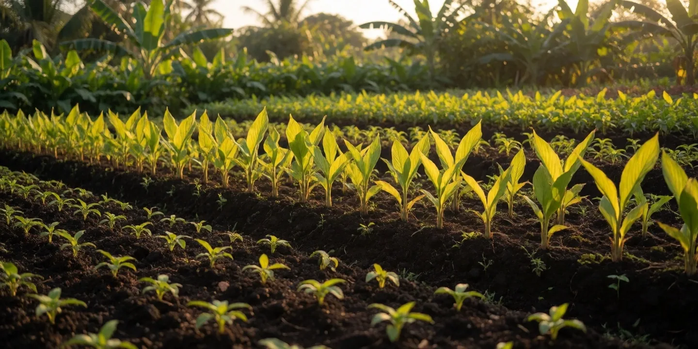 Tropical herb garden beds at golden hour in Makassar, Indonesia