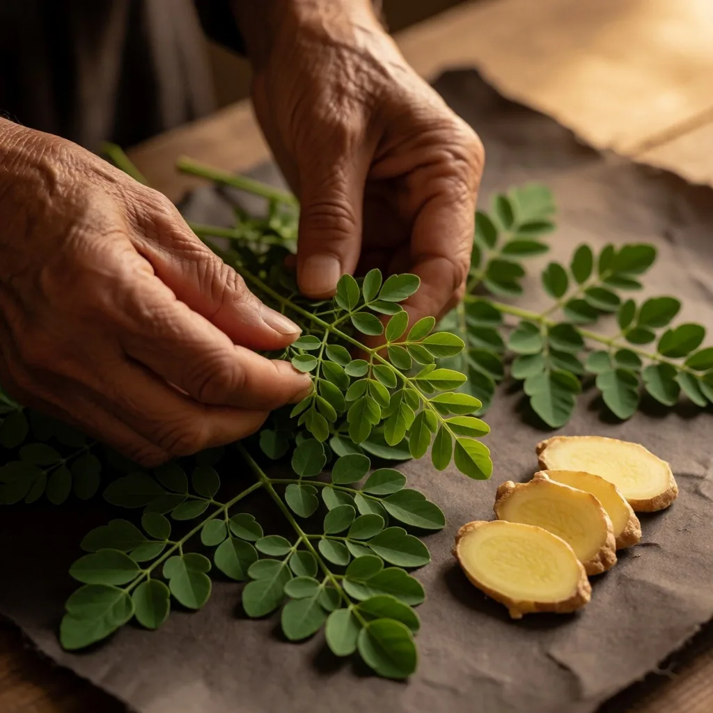 Moringa leaves and ginger root held in hands on dark paper