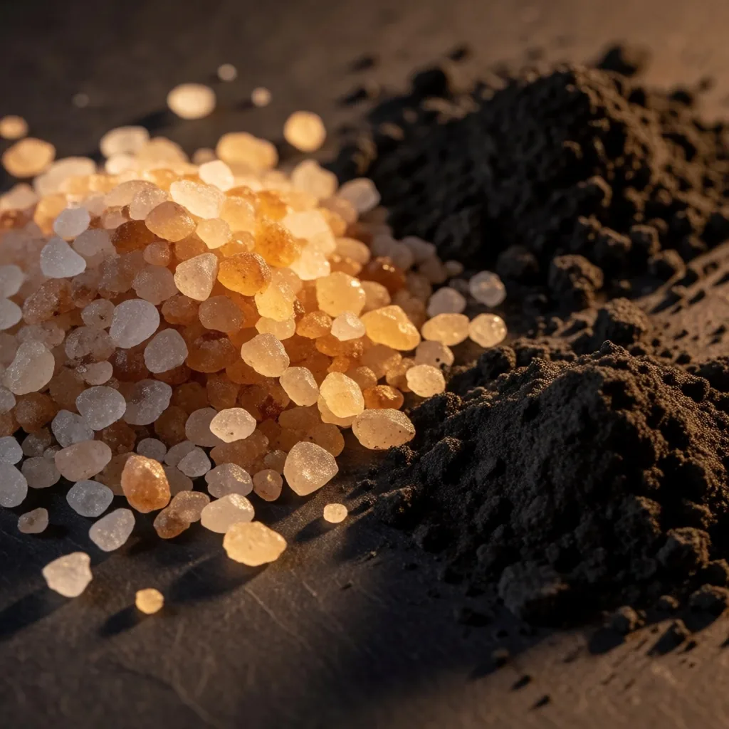 Raw mineral salt and clay on dark paper